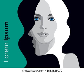 Beautiful Blonde Woman Face With Long Hair, Puffy Lips And Sexy Sight. Fashion Style, Make Up, Book Cover, Vector. Poster, Label, Banner, Flyer, Calendar, Booklet, Gift Card, Magazine Spread, Perfume.