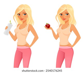 Hermosa mujer rubia en traje de gimnasio, sosteniendo una botella de agua o una manzana, personaje divertido de dibujos animados. Estilo de vida saludable, dieta o adelgazamiento ilustración de concepto. Aislado en blanco.