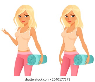 Hermosa mujer rubia en traje de gimnasio, sosteniendo una estera de yoga, personaje divertido de dibujos animados. Estilo de vida saludable e ilustración de concepto de fitness. Aislado en blanco.