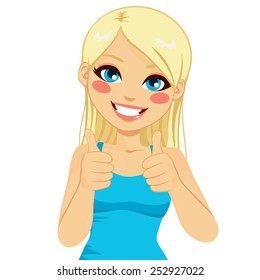 Beautiful blonde woman happy smiling making thumbs up sign with both hands