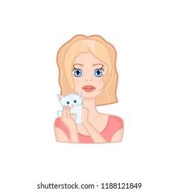 Beautiful blonde woman holding kitten. Cute white cat with mistress. Vector illustration