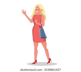 Mujer rubia hermosa que sostiene los bolsos de compras, Ilustración vectorial con el fondo blanco.