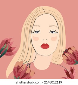 Beautiful blonde woman on a pink background with flowers. Spring, summer illustration of a portrait of a girl. suitable for a postcard or poster Beauty industry
