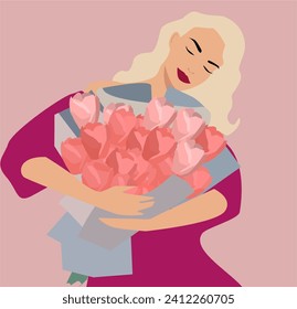 Beautiful blonde woman in a pink dress with a large bouquet of flowers. A gift for a birthday or women's day. Elegant lady with red lipstick and crab dress. Birthday. Beautiful pink bouquet