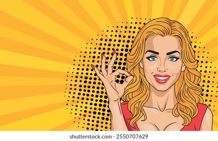 Hermosa mujer rubia en estilo de arte pop mostrando OK. Sobre un fondo coloreado. Estilo cómico de Vector de arte Pop