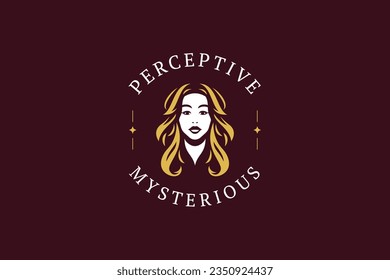 Beautiful blonde woman portrait with golden stars decor element minimal logo design template vector flat illustration. Fashion female face with long hair romantic silhouette emblem for hairdressing