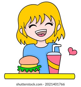 beautiful blonde woman is ready to eat burger junk food, vector illustration art. doodle icon image kawaii.