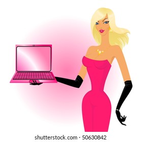 beautiful blonde woman, showing a palm laptop - vector illustration