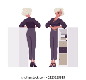 Beautiful blonde woman standing near book case, tablet, business outfit. Office attire lady, professional chic work outfits. Vector flat style cartoon illustration isolated on background, front, rear