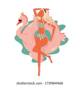 
A beautiful blonde woman in a striped bikini swimming on float pink swan circle in a pool. Vector, cartoon illustration.