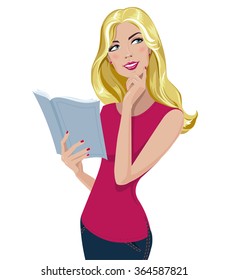 Beautiful blonde woman wearing red shirt holds a book. Young woman is reading and thinking (or dreaming). Girl with a book on a white background.