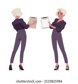 Beautiful blonde woman with white clipboard, business outfit. Office attire lady, professional chic work outfits. Vector flat style cartoon illustration isolated on background, front and rear view