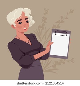 Beautiful blonde woman with white dyed hair, holding clipboard. Smart businesswoman cute modern female social media profile picture. Vector flat style creative illustration, beige plant background