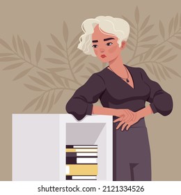 Beautiful blonde woman with white dyed hair learning at bookshelf. Smart businesswoman, cute modern female social media profile picture. Vector flat style creative illustration, beige plant background