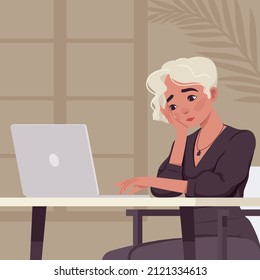 Beautiful blonde woman with white dyed hair busy at laptop. Smart businesswoman, cute modern female social media profile picture. Vector flat style creative illustration, beige plant background