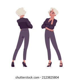Beautiful blonde woman with white dyed hair standing, business outfit. Office attire lady, professional chic work outfits. Vector flat style cartoon illustration isolated on background, front, rear