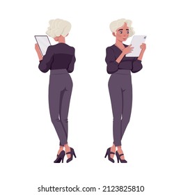 Beautiful blonde woman with white dyed hair, tablet, business outfit. Office attire lady, professional chic work outfits. Vector flat style cartoon illustration isolated on background, front, rear