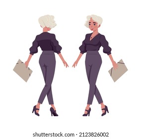 Beautiful blonde woman with white dyed hair walking, business outfit. Office attire lady, professional chic work outfits. Vector flat style cartoon illustration isolated on background, front, rear