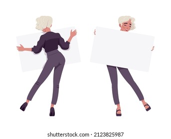 Beautiful blonde woman with white empty banner, business outfit. Office attire lady, professional chic work outfits. Vector flat style cartoon illustration isolated on background, front, rear view