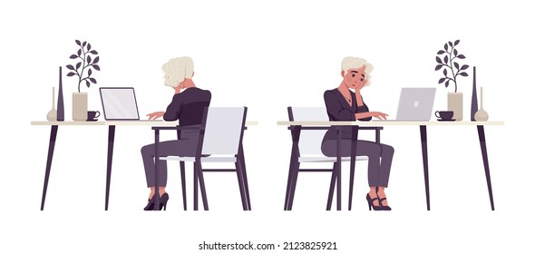 Beautiful blonde woman working in the office, business outfit. Office attire lady, professional chic work outfits. Vector flat style cartoon illustration isolated on background, front and rear view