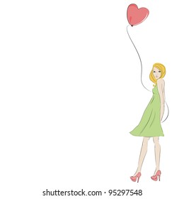 Beautiful blonde young woman with heart balloon, isolated on white and space for text.