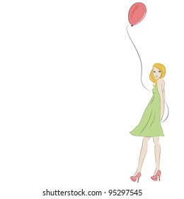Beautiful blonde young woman with pink balloon, isolated on white and space for text.