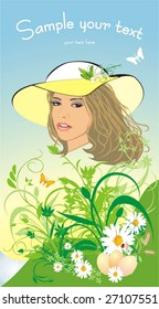 Beautiful blondy in a hat among flowers. Spring composition. Vector