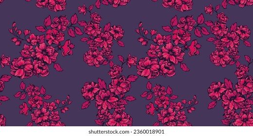 Beautiful blooming abstract flowers pattern. Floral tapestry. Hand drawn vector. Print with red flowers. Template for design, textile, fashion, print, surface design, paper, cover, fabric