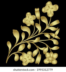 Beautiful blooming branch with leaves and flowers. Floral corner element. Folk style. Golden glossy silhouette on black background.