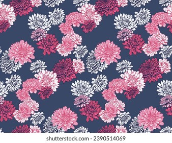 Beautiful blooming bright seamless flowers pattern on a dark background. Vector hand drawn sketch lines, shape, artistic dahlia, peonies print. Template for design, fabric, fashion, surface design