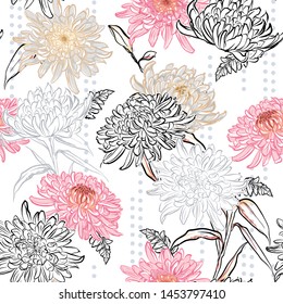 Beautiful blooming blooming chrysanthemum layer with stripe polka dots seamless pattern in vector design for fashion,fabric,web,wallpaper and all prints on white background color