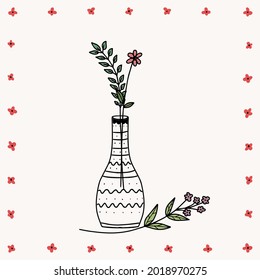 Schöne blühende Komposition mit Blättern und Stamm einzeln auf Weiß. Blühende Pflanzen und Kräuter.Herrlicher Blumenstrauß mit dekorativen Ästen in Vase flach Vektorgrafik.