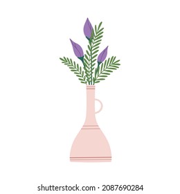 Beautiful blooming composition with leaves and stem isolated on white. Flowering plants and herbs.Gorgeous bouquet of flowers with decorative branches in vase flat vector illustration.