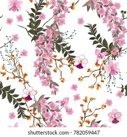 Beautiful blooming Floral pattern in the many kind of wild flowers. Botanical  Motifs scattered random. Seamless vector texture. For fashion prints in hand drawn style white background.