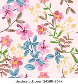 Beautiful blooming flower and leaf seamless pattern