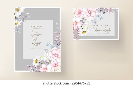 beautiful blooming flower and leaves watercolor wedding invitation card