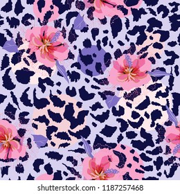 Beautiful blooming flower on animal skin leopard prints seamless pattern vector,design for fashion,fabric,wallpaper and all prints on light grey background color