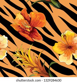 Beautiful blooming flower on animal skin. Tiger seamless pattern vector print, design for fashion, fabric, wallpaper and all prints on contrast color background