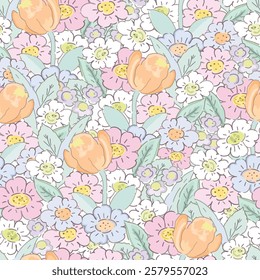 Beautiful blooming flower and tulip with green leaf in the garden seamless pattern