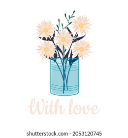 Beautiful blooming flower in a vase and jars. Isolated on white background. Decorative element for floral designs. Vector illustration in a flat style.