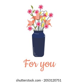 Beautiful blooming flower in a vase and jars. Isolated on white background. Decorative element for floral designs. Vector illustration in a flat style.