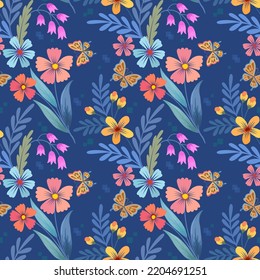 Beautiful blooming flowers design with butterfly on blue color background seamless pattern. Can be used for fabric textile wallpaper.