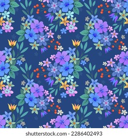 Beautiful blooming flowers design on blue color background seamless pattern. Can be used for fabric textile wallpaper.