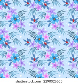 Beautiful blooming flowers design on blue color background seamless pattern. Can be used for fabric textile wallpaper.