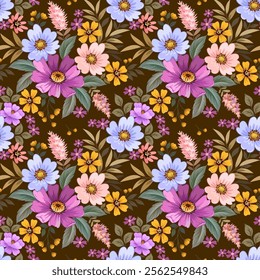 Beautiful blooming flowers on brown color background seamless pattern for fashion design print fabric textile wallpaper gift wrapping.