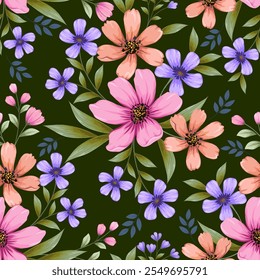 Beautiful blooming flowers on dark green color background seamless pattern for fashion design print fabric textile wallpaper gift wrapping.