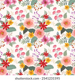 Beautiful blooming flowers on light yellow background seamless pattern for fabric textile wallpaper fashion print background. 
