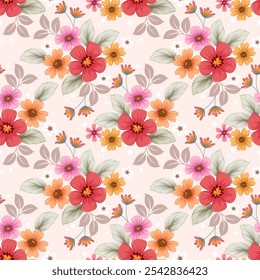 Beautiful blooming flowers on light yellow background seamless pattern for fabric textile wallpaper fashion print background. 
