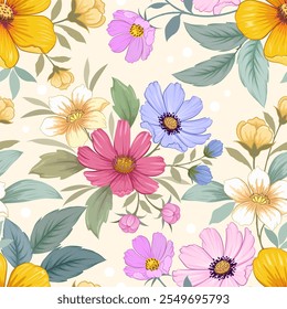 Beautiful blooming flowers on light yellow color background seamless pattern for fashion design print fabric textile wallpaper gift wrapping.