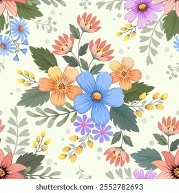 Beautiful blooming flowers on light color background seamless pattern for fabric textile wallpaper.